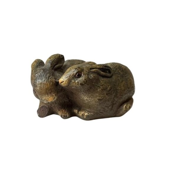 Vintage Handcrafted Double Rabbit Figurine Home Decor Antique Finish Resin Sculp - Picture 1 of 5